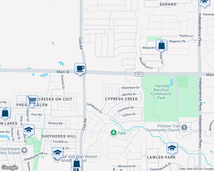 map of restaurants, bars, coffee shops, grocery stores, and more near 13220 Mapleton Drive in Frisco