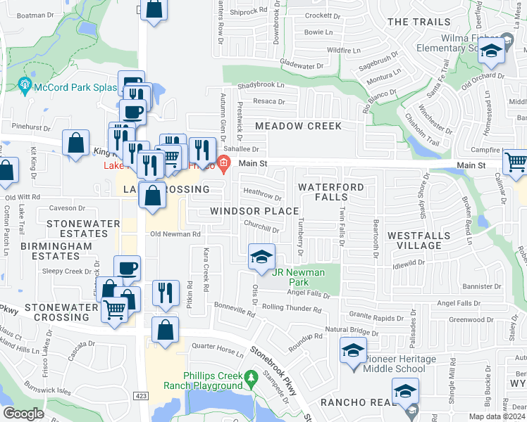 map of restaurants, bars, coffee shops, grocery stores, and more near London Drive in Frisco