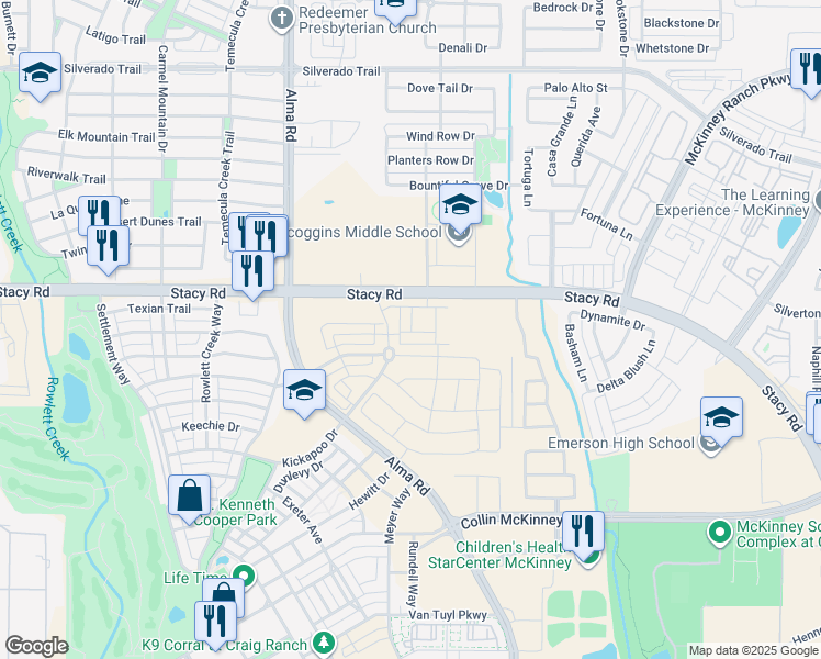 map of restaurants, bars, coffee shops, grocery stores, and more near 7201 Stacy Road in McKinney
