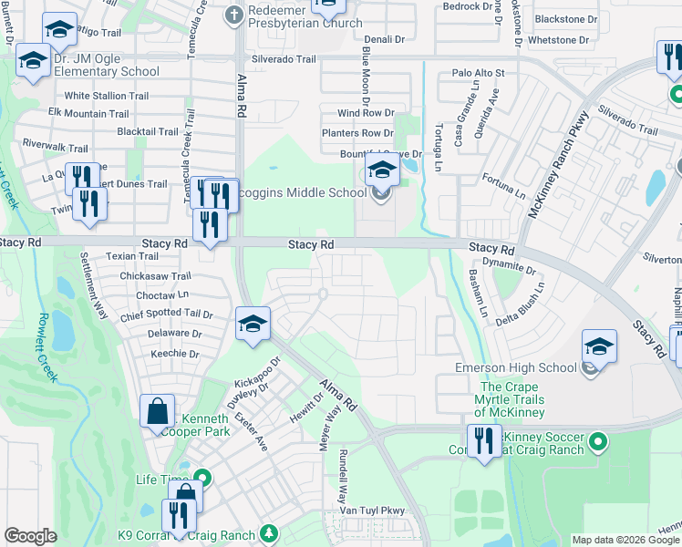 map of restaurants, bars, coffee shops, grocery stores, and more near 7201 Stacy Road in McKinney