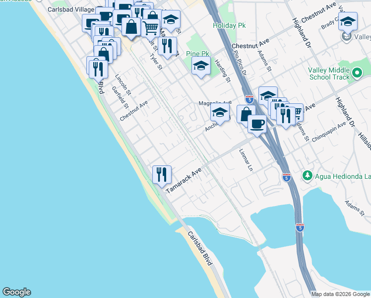 map of restaurants, bars, coffee shops, grocery stores, and more near 368 Hemlock Avenue in Carlsbad