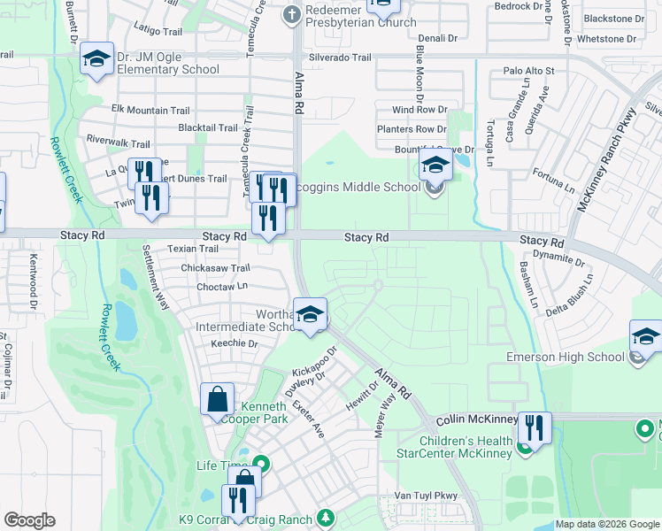 map of restaurants, bars, coffee shops, grocery stores, and more near 7250 Huckleberry Dr in McKinney