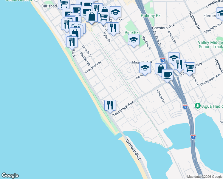 map of restaurants, bars, coffee shops, grocery stores, and more near 318 Juniper Avenue in Carlsbad