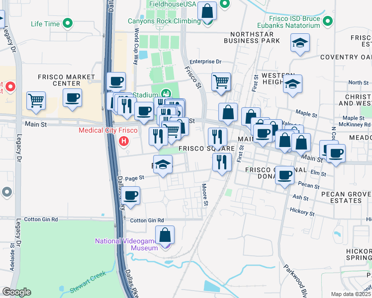 map of restaurants, bars, coffee shops, grocery stores, and more near Frisco Square Boulevard in Frisco