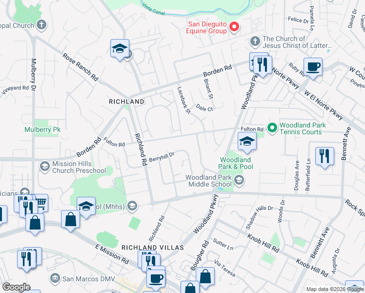 map of restaurants, bars, coffee shops, grocery stores, and more near 1015 Fulton Road in San Marcos