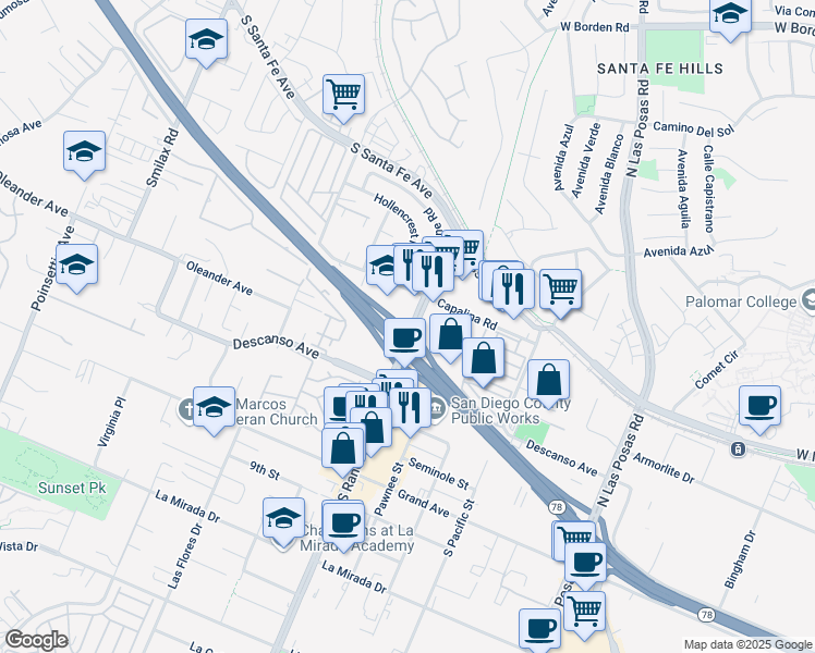 map of restaurants, bars, coffee shops, grocery stores, and more near 120 North Rancho Santa Fe Road in San Marcos