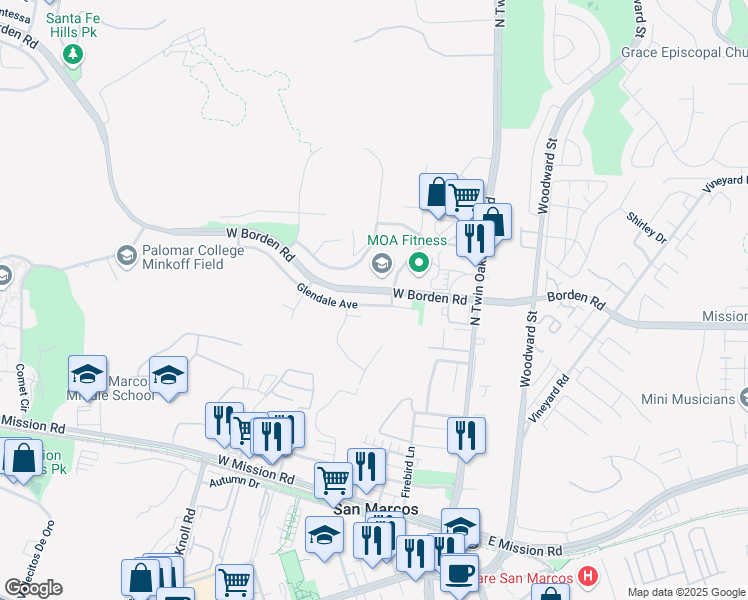 map of restaurants, bars, coffee shops, grocery stores, and more near 264 Glendale Avenue in San Marcos