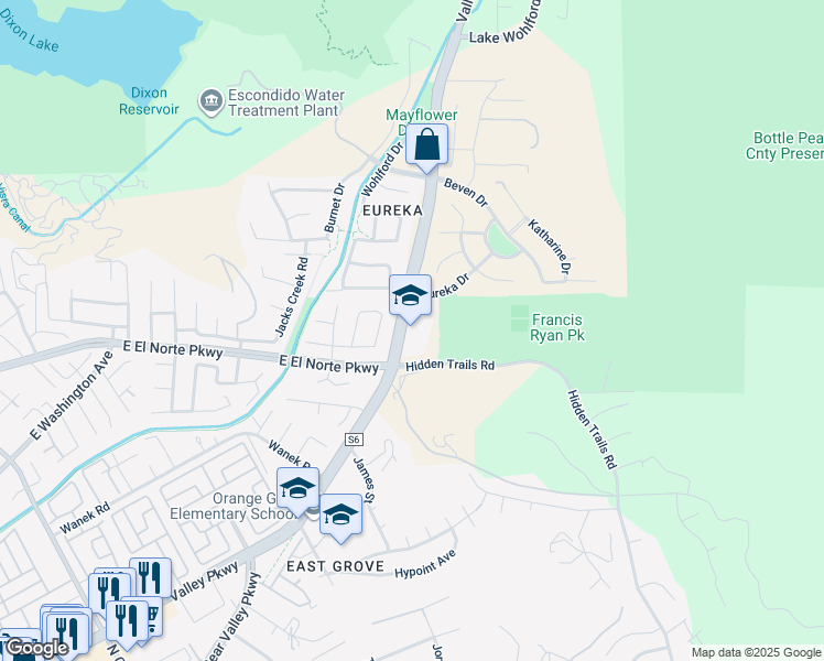 map of restaurants, bars, coffee shops, grocery stores, and more near 410 Hidden Trails Road in Escondido