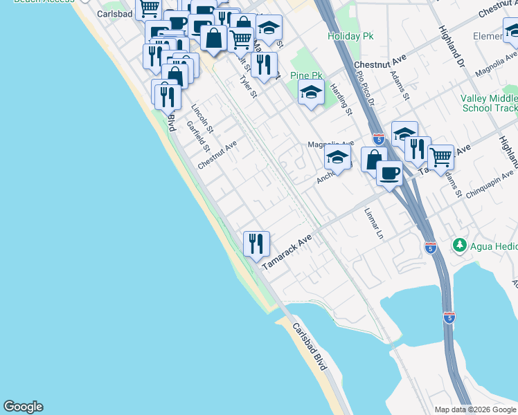 map of restaurants, bars, coffee shops, grocery stores, and more near 318 Juniper Avenue in Carlsbad