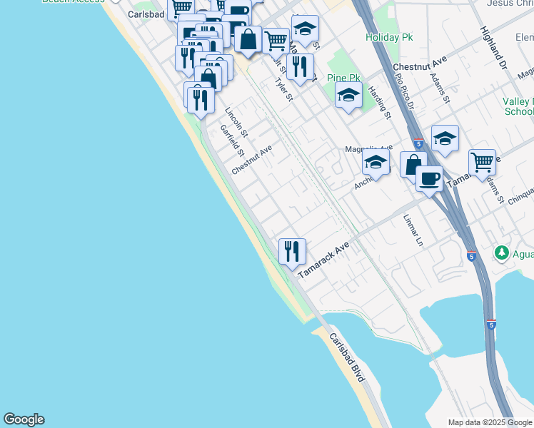 map of restaurants, bars, coffee shops, grocery stores, and more near 3564 Garfield Street in Carlsbad