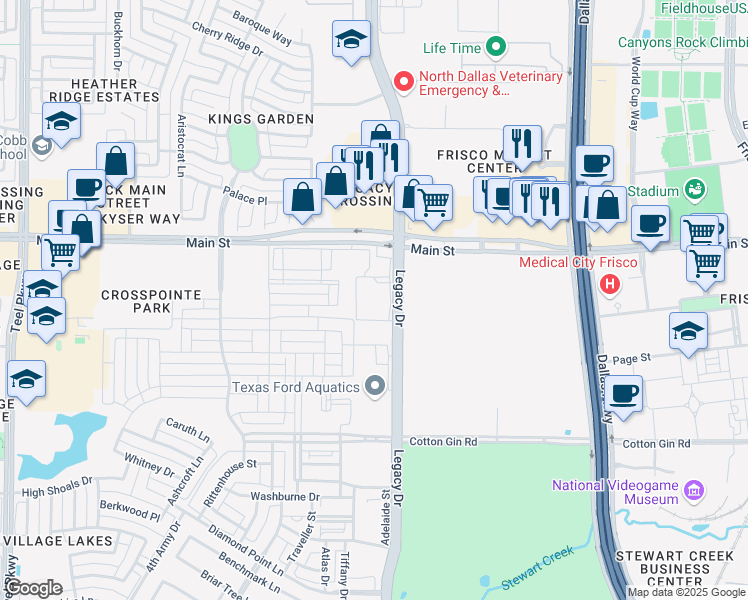 map of restaurants, bars, coffee shops, grocery stores, and more near 8787 Legacy Drive in Frisco