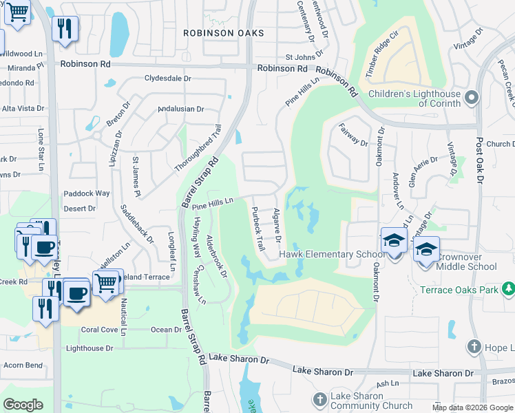 map of restaurants, bars, coffee shops, grocery stores, and more near 6508 Pine Hills Lane in Denton