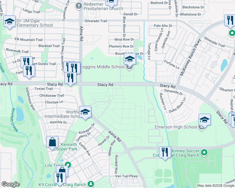 map of restaurants, bars, coffee shops, grocery stores, and more near 7070 Stacy Road in McKinney