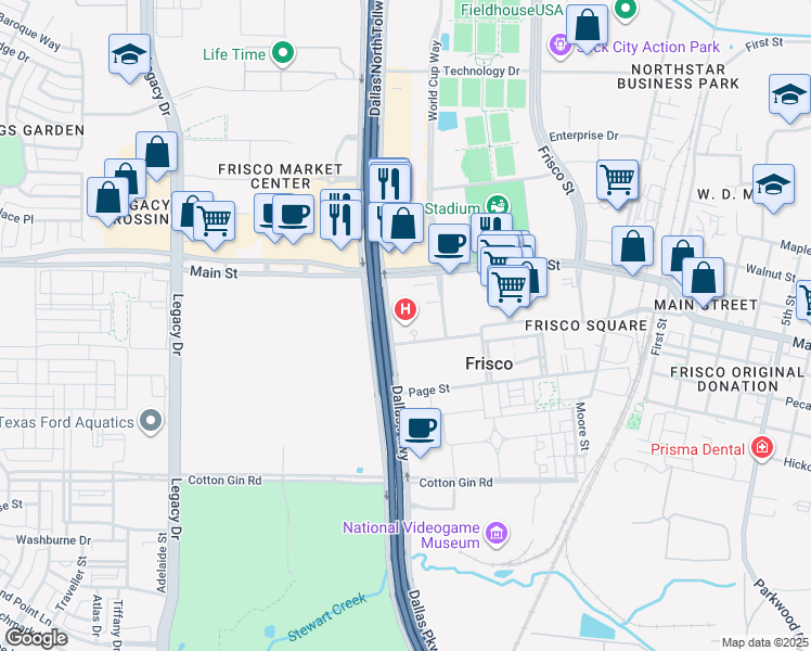 map of restaurants, bars, coffee shops, grocery stores, and more near 5500 Frisco Square Boulevard in Frisco