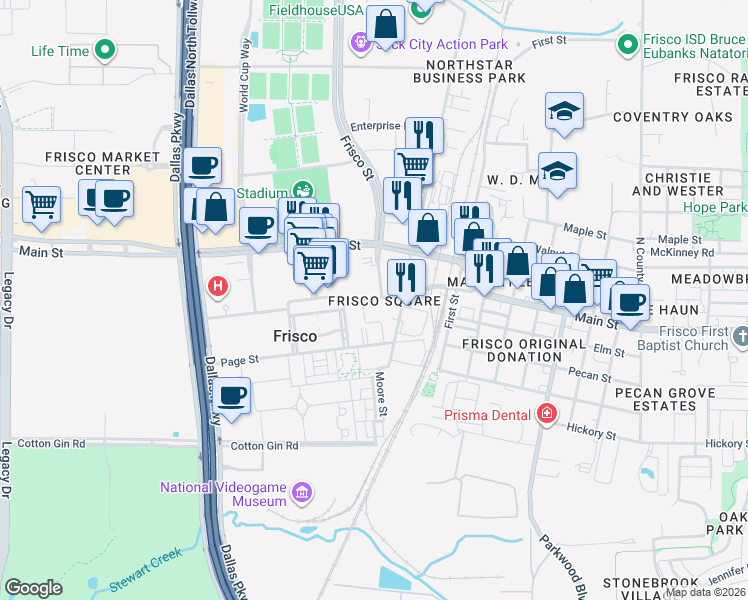 map of restaurants, bars, coffee shops, grocery stores, and more near 6226 Frisco Square Boulevard in Frisco