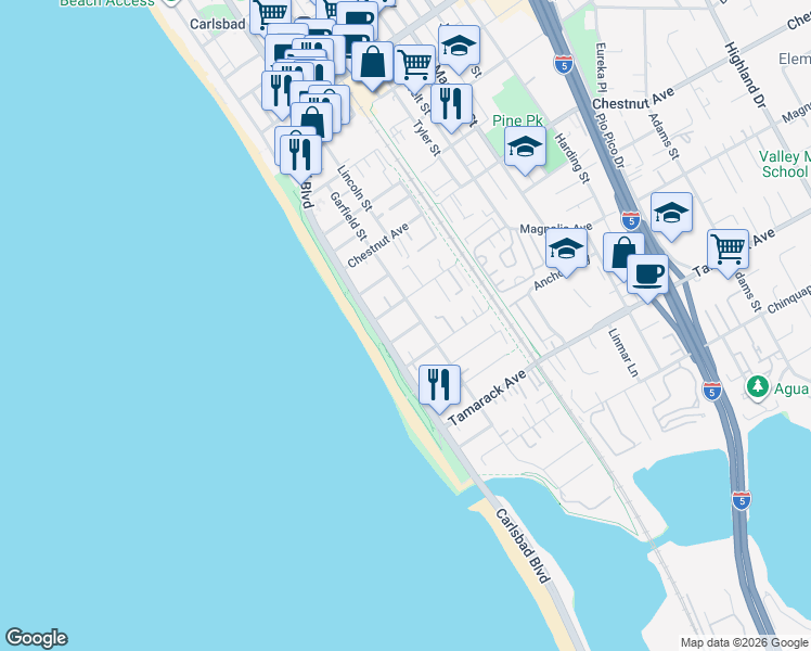 map of restaurants, bars, coffee shops, grocery stores, and more near in Carlsbad