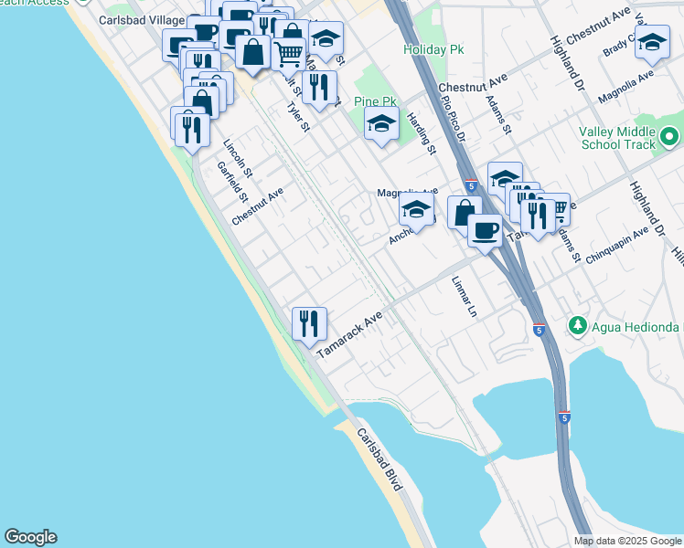 map of restaurants, bars, coffee shops, grocery stores, and more near 345 Juniper Avenue in Carlsbad