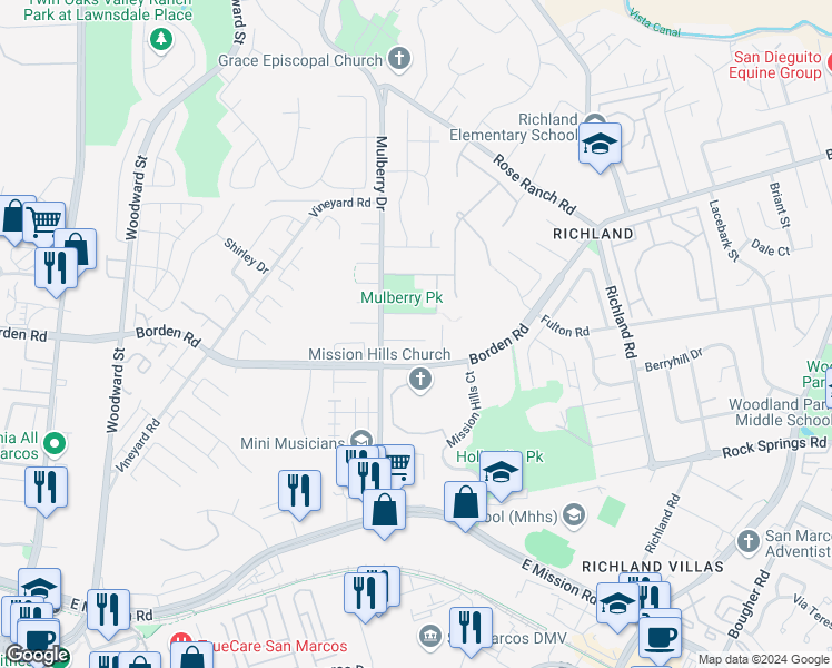 map of restaurants, bars, coffee shops, grocery stores, and more near 640 Banjo Court in San Marcos