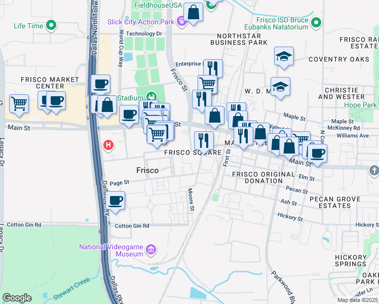 map of restaurants, bars, coffee shops, grocery stores, and more near 6303 Frisco Square Boulevard in Frisco