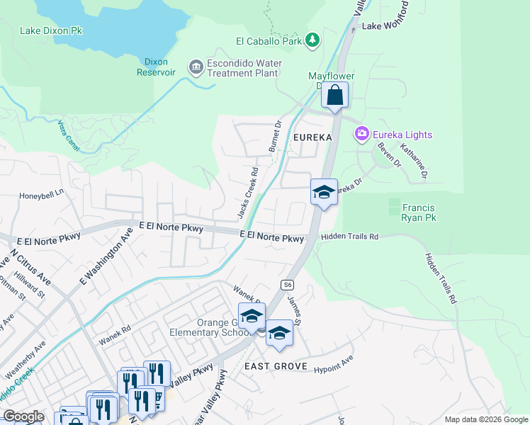 map of restaurants, bars, coffee shops, grocery stores, and more near 2775 Morning Walk Court in Escondido