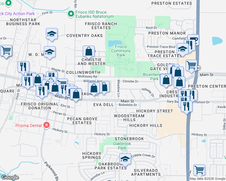map of restaurants, bars, coffee shops, grocery stores, and more near 9149 Meadowcrest Avenue in Frisco