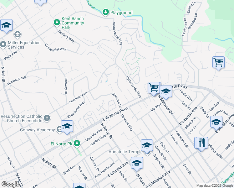 map of restaurants, bars, coffee shops, grocery stores, and more near 1407 Timber Glen in Escondido