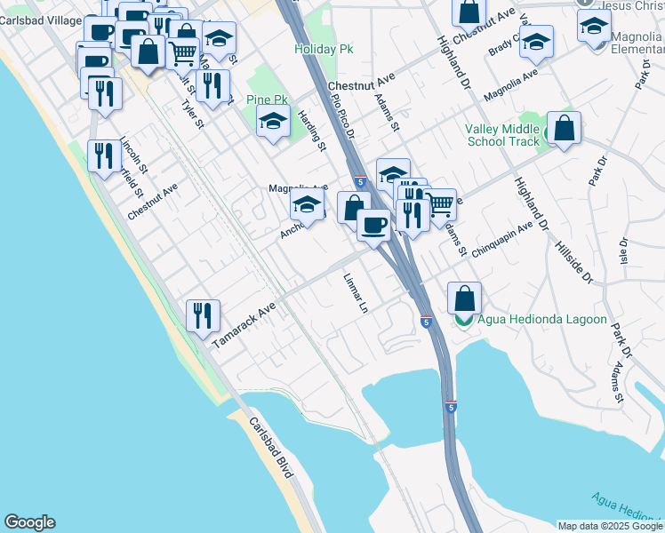 map of restaurants, bars, coffee shops, grocery stores, and more near 670 Tamarack Avenue in Carlsbad