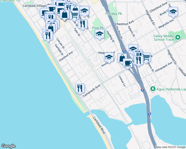 map of restaurants, bars, coffee shops, grocery stores, and more near 385 Juniper Avenue in Carlsbad