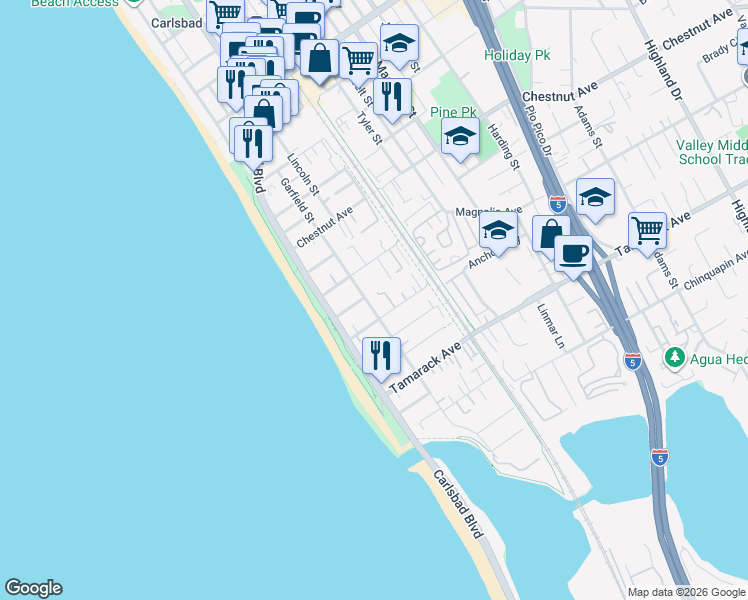 map of restaurants, bars, coffee shops, grocery stores, and more near 3564 Garfield Street in Carlsbad