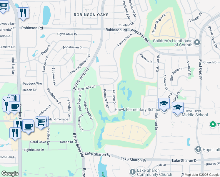 map of restaurants, bars, coffee shops, grocery stores, and more near 6401 Pine Hills Lane in Denton