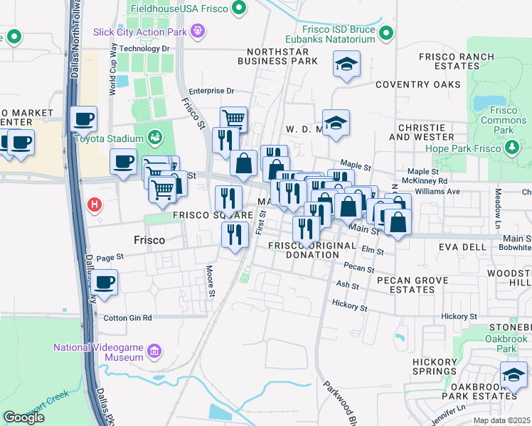map of restaurants, bars, coffee shops, grocery stores, and more near 6623 Main Street in Frisco