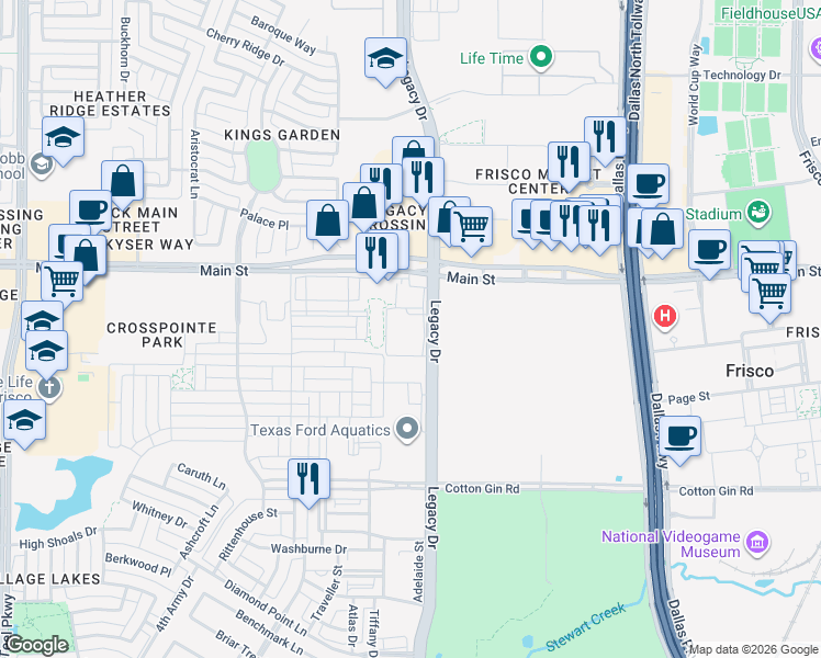 map of restaurants, bars, coffee shops, grocery stores, and more near 8787 Legacy Drive in Frisco