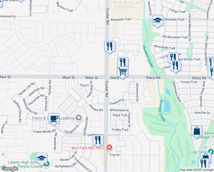 map of restaurants, bars, coffee shops, grocery stores, and more near Custer Road in Frisco