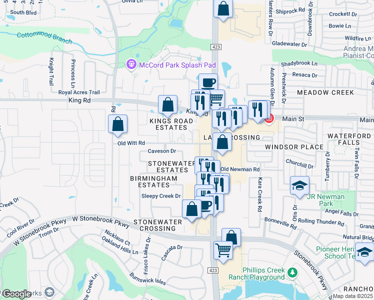 map of restaurants, bars, coffee shops, grocery stores, and more near 2027 Old Witt Road in Frisco