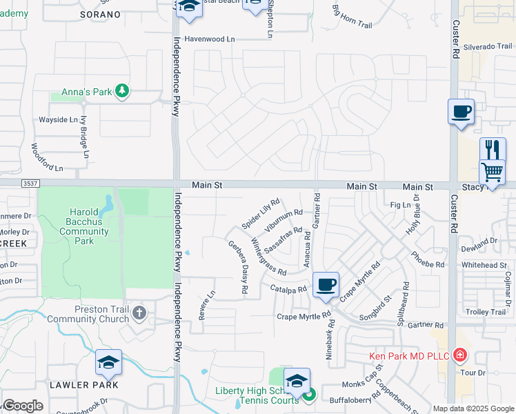 map of restaurants, bars, coffee shops, grocery stores, and more near 15108 Spider Lily Road in Frisco
