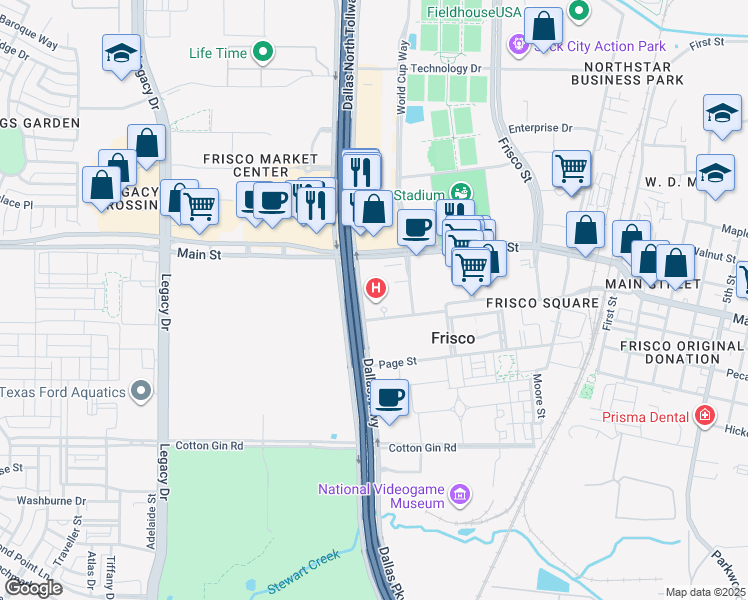 map of restaurants, bars, coffee shops, grocery stores, and more near 5500 Frisco Square Boulevard in Frisco