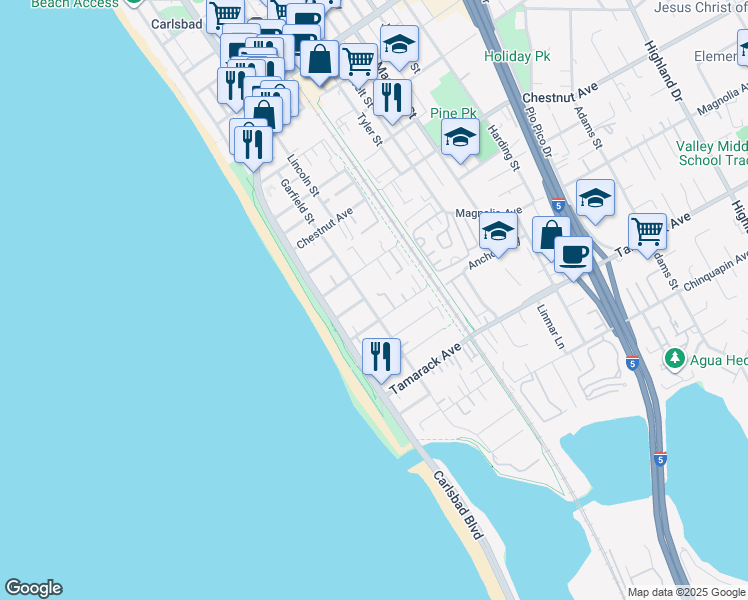 map of restaurants, bars, coffee shops, grocery stores, and more near 3632 Garfield Street in Carlsbad
