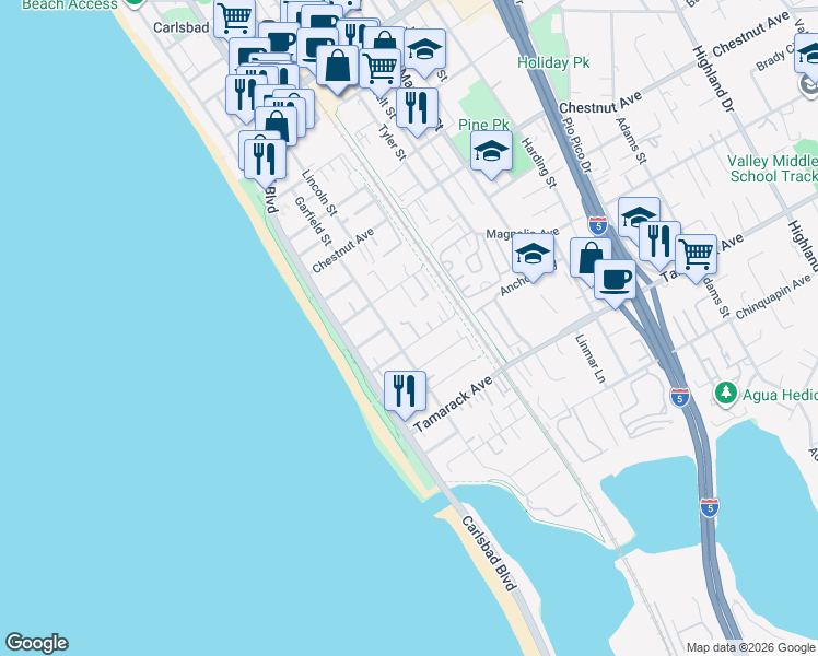 map of restaurants, bars, coffee shops, grocery stores, and more near 256 Juniper Avenue in Carlsbad