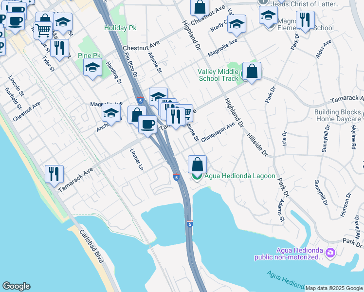 map of restaurants, bars, coffee shops, grocery stores, and more near 1060 Chinquapin Avenue in Carlsbad