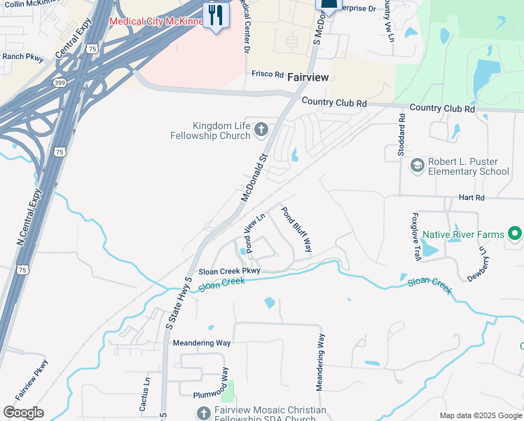 map of restaurants, bars, coffee shops, grocery stores, and more near 5127 Pond View Lane in Fairview