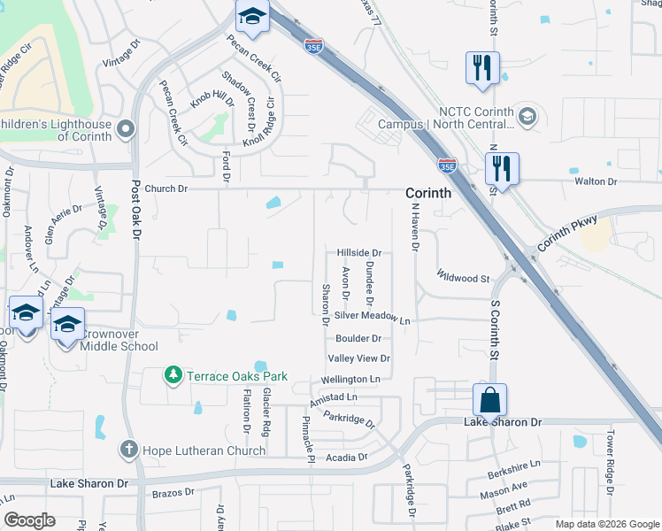 map of restaurants, bars, coffee shops, grocery stores, and more near 1801 Sharon Drive in Corinth