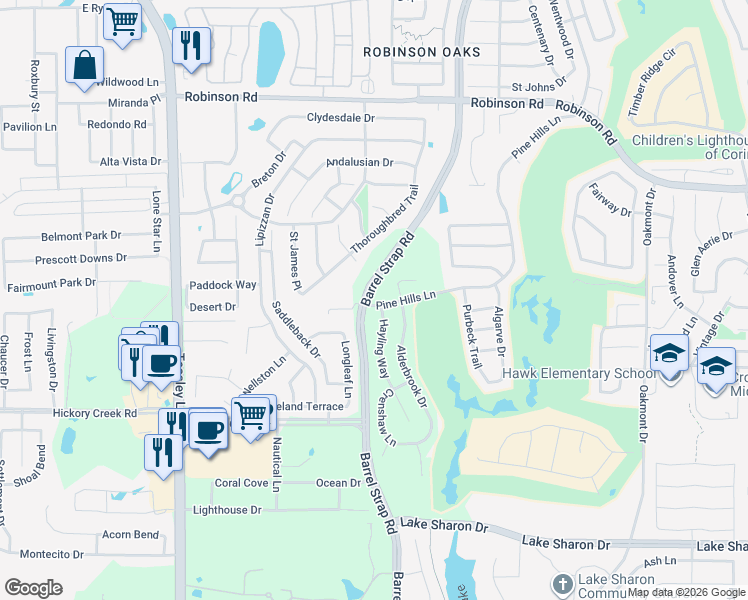 map of restaurants, bars, coffee shops, grocery stores, and more near 6601 Pine Hills Lane in Denton