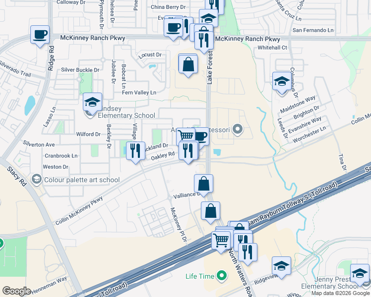 map of restaurants, bars, coffee shops, grocery stores, and more near 5113 Buckland Drive in McKinney