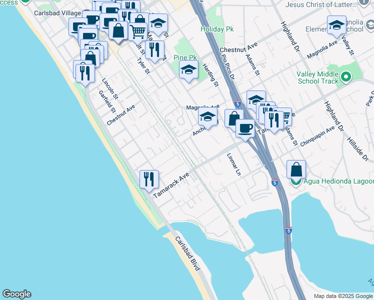 map of restaurants, bars, coffee shops, grocery stores, and more near 3805 Nautical Drive in Carlsbad