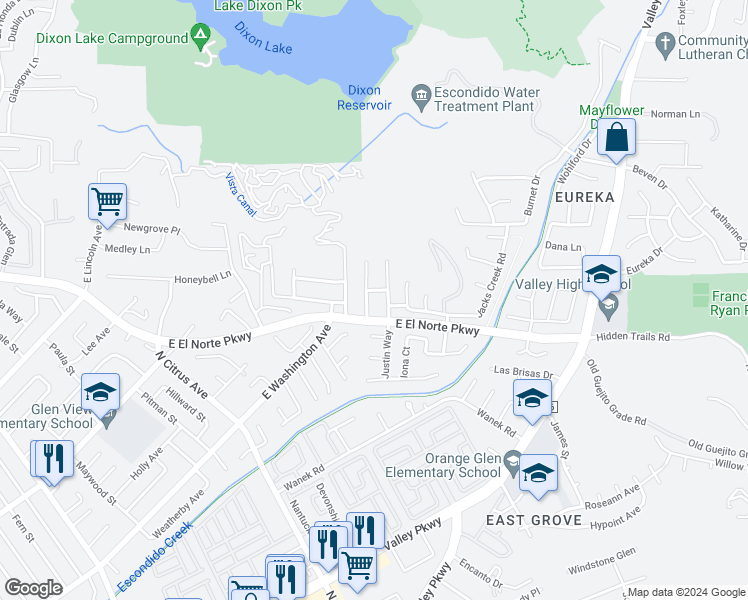 map of restaurants, bars, coffee shops, grocery stores, and more near 602 El Norte Hills Place in Escondido