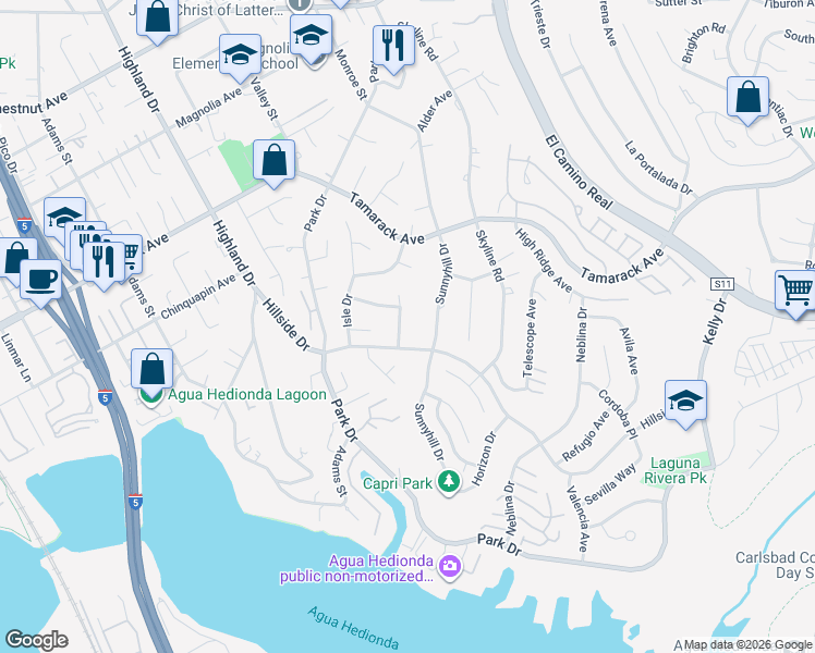 map of restaurants, bars, coffee shops, grocery stores, and more near 4112 Beach Bluff Road in Carlsbad