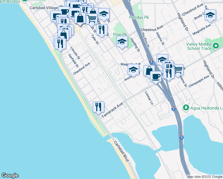 map of restaurants, bars, coffee shops, grocery stores, and more near 385 Juniper Avenue in Carlsbad