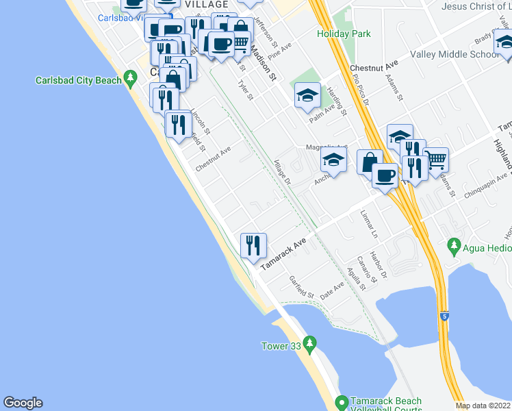 map of restaurants, bars, coffee shops, grocery stores, and more near 318 Juniper Avenue in Carlsbad