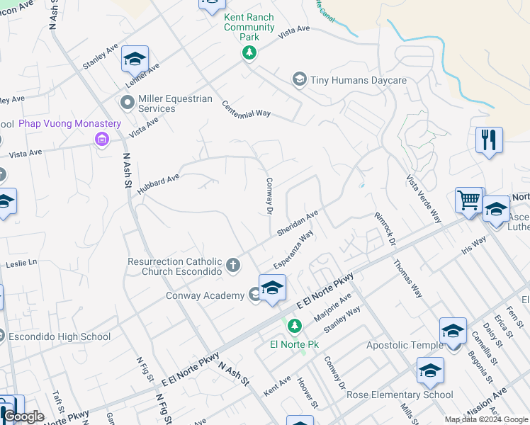 map of restaurants, bars, coffee shops, grocery stores, and more near 1531 Conway Drive in Escondido