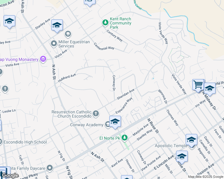 map of restaurants, bars, coffee shops, grocery stores, and more near 1531 Conway Drive in Escondido